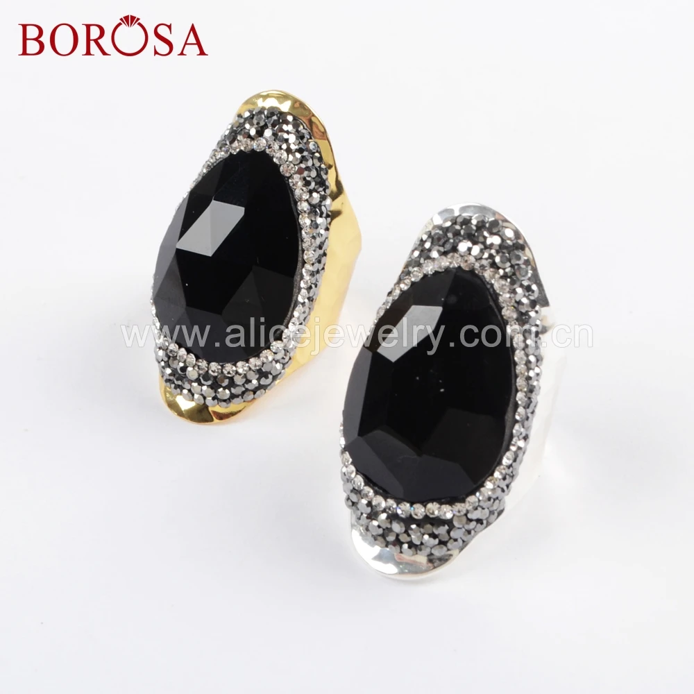 

BOROSA 5PCS Fashion Gold filled Black Agates faceted Paved Rhinestone band Ring elegant Party Rings Jewelry for Women JAB954