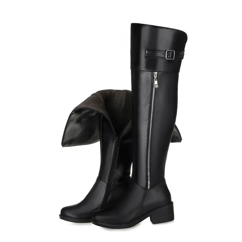 

Plus size 35-43 Hot sale pu+genuine leather boots buckle zipper square heel autumn winter knee high boots fashion ladies shoes