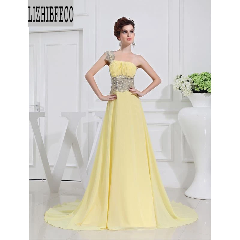 

Yellow Chiffon Floor-Length Beading Sleeveless One-Shoulder V-Neck A-line Formal Evening Dresses Custom made