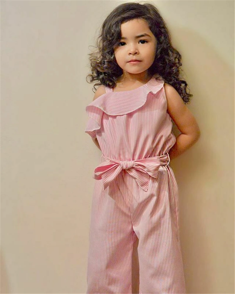 

Emmababy Kid Baby Girl Off Shoulder Romper Sleeveless Striped Jumpsuit Cotton Clothes Outfit Set