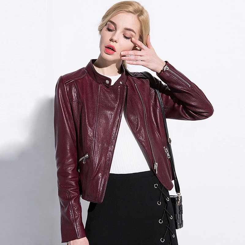 Jacket Women Black Leather Wine red 100 Sheepskin Simple Design Zipper