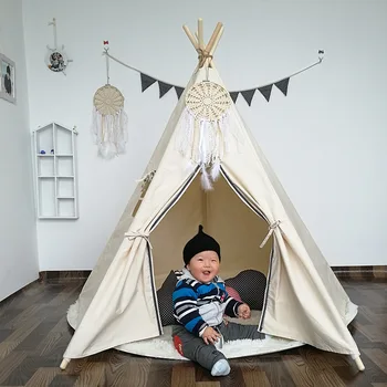 

[Best] Soft Cotton Kids Play Tent White Prince Princess Playhouse castle home Toy Five Poles Children Teepees For Boy Tipi house