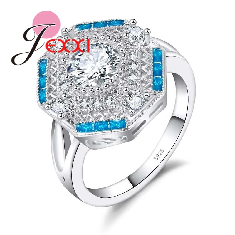 

Trendy Blue & White Cubic Zirconia Hexagon Design Rings for Women 925 Sterling Silver Finger Wedding Jewelry