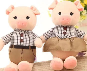 

a pair of small cute plush brown check cloth pig toys soft lovers pig dolls gift about 32cm