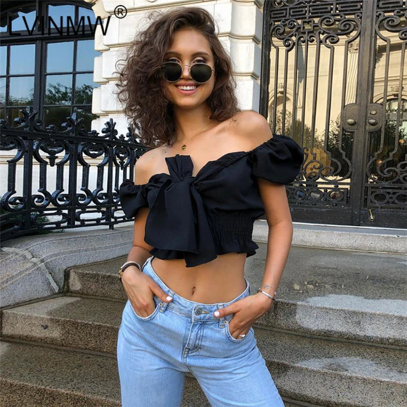 

LVINMW Sexy Bow Lace Up Slash Neck Ruffle Puff Sleeve Corp Tops 2019 Summer Women Black Slim Short T-Shirt Female Streetwear