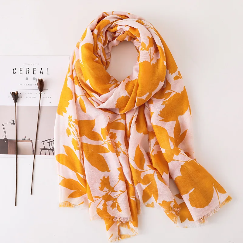 

Women Cotton Scarf Leaves Fashion Large Soft Hijab Long Stylish Yellow Shawl Blanket Wrap [3507]