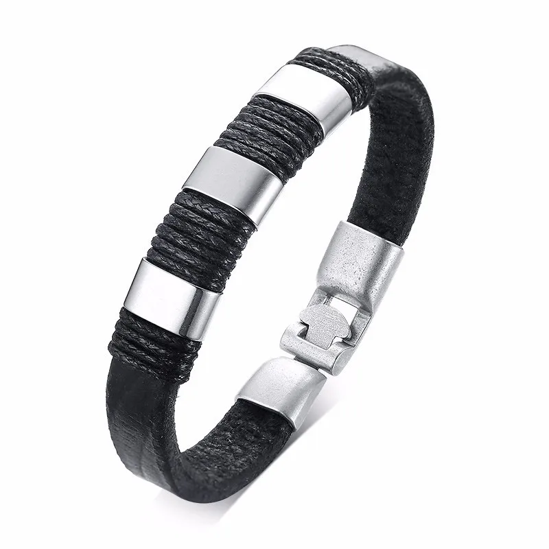 BLACK SILVER Мужской кожаный браслет с сплавом крест Воск Веревка Bracelet в черном - Окраска металла: BLACK SILVER