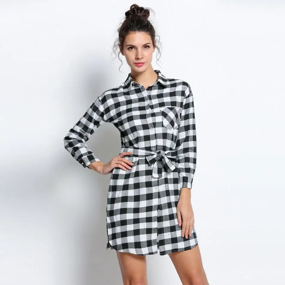Goedkoop Mode Overhemd Plaid Mouw Controleer Jurk Lange Rechte Tuniek Blouse met Dame Riem Vrouwen Casual