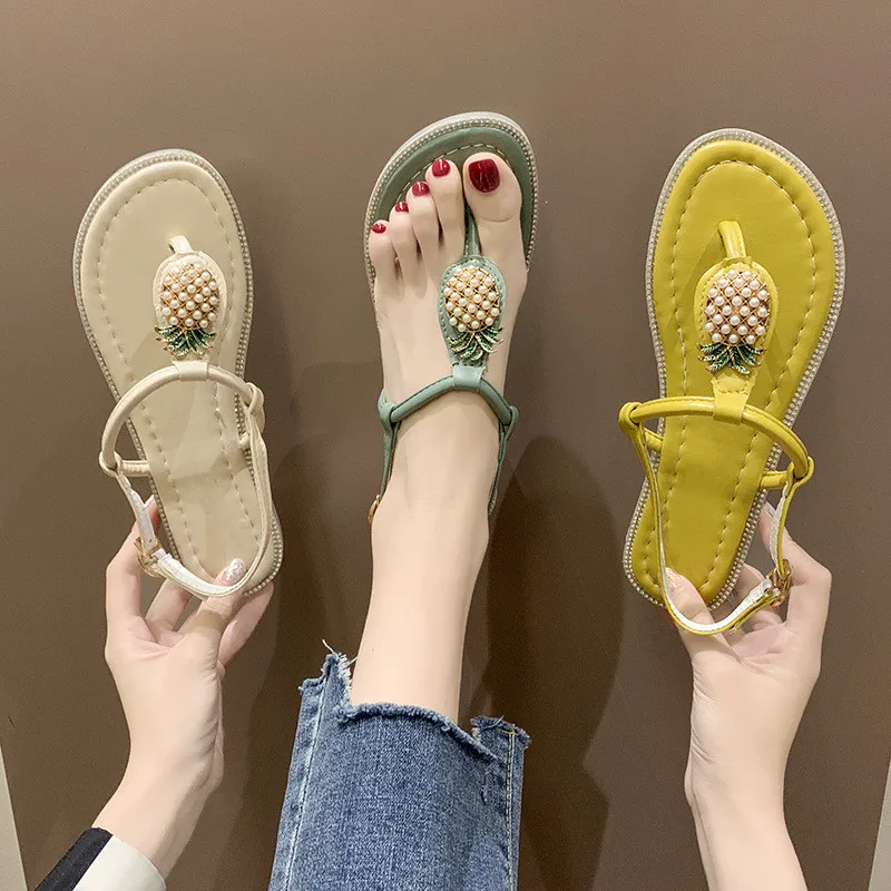 

Flip Flops Gladiator Sandals Shoes Beach Cross Pineapple Summer Style Sandals Woman Slip On Flats Casual Women Shoes Size 35-39