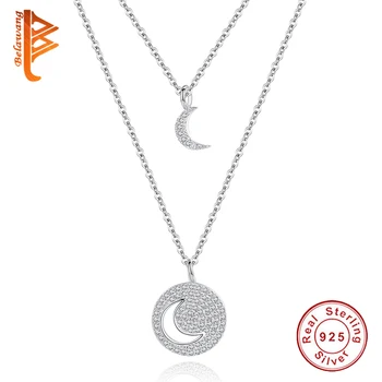 

BELAWANG Fashion 925 Sterling Silver Long Chain Necklaces Moon Design Crystal Pendants Necklaces for Women Accessories Jewelry