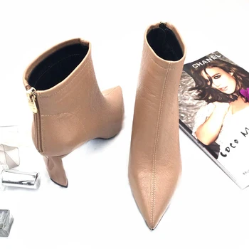 

Ankle Boots 8cm Chunky High Heel Women Fashion Black Winter Boots Pleated Leather Pointed Toe Female Shoes Zip Sexy Women Pumps