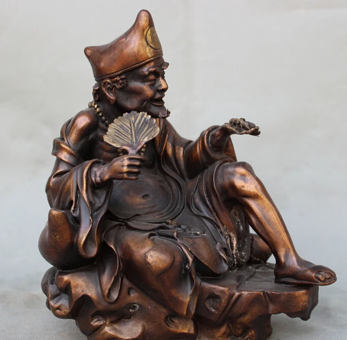 

S4185 8" Chinese Pure Bronze Joss JiGong Chai Gong Hold Fan Buddha Arhat Monk Statue D0317