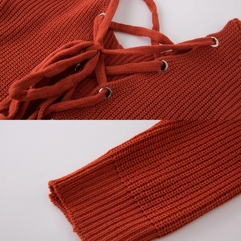 Sexy Open Back Lace up Sweater Women Pullover V Neck Fashion Large Size Knitted Casual Long Sleeve Elastic Force Female Tops