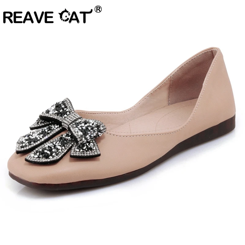 

REAVE CAT Women flats Rhinestone Bowtie Glitter Ladies spring summer shoes Square toe Flat shoes Crystal Causal New arrival A338