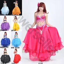 Женская танцевальная одежда 3 шт. танец живота костюм хип шарф топ бар 34B/C юбка 9 цветов костюмы Одежда для выступлений