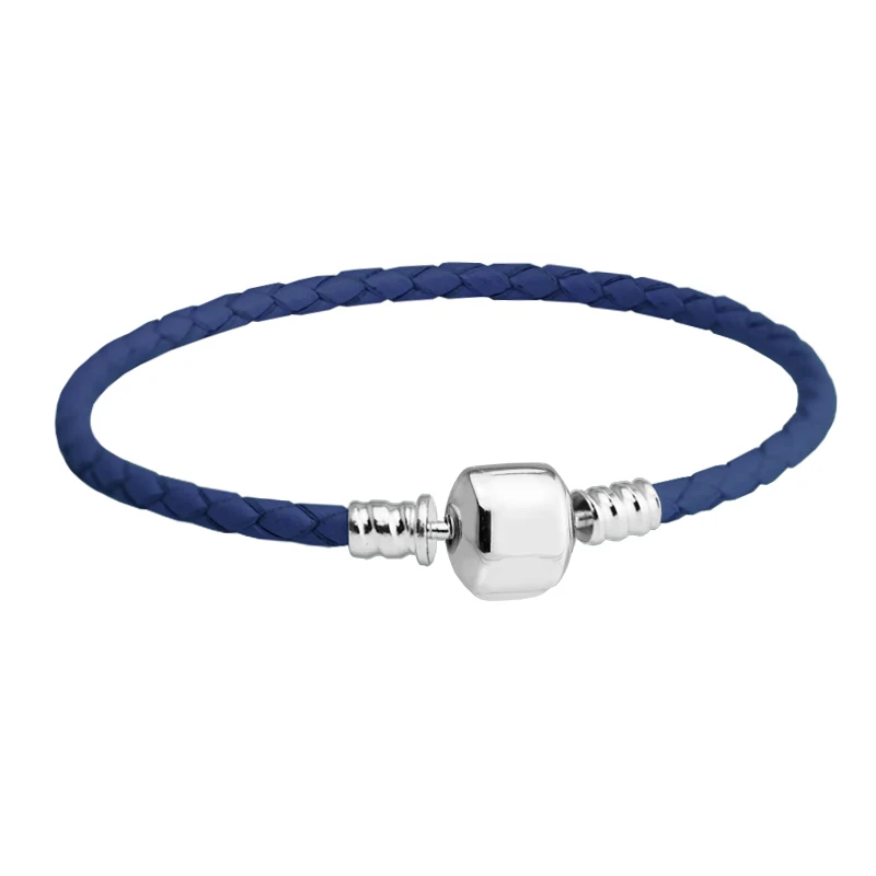 

Authentic 925 Sterling Silver Barrel Clasp Bracelets With Blue Leather for Women Fit Charm Beads DIY Fine Jewelry SLE010