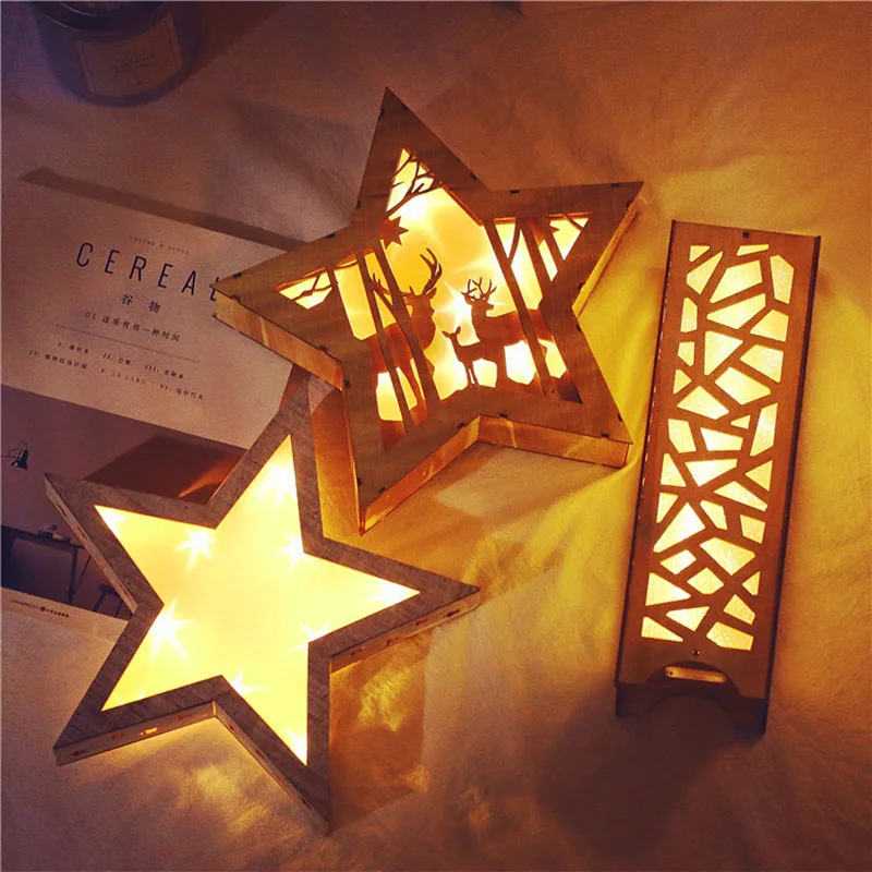 

LED battery wooden stars elk cylindrical shape night light new year Christmas decoration bedroom table lamp