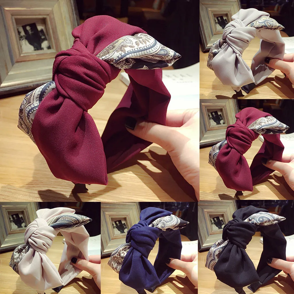 

hair accessories for women Floral contrast stitching Bow Knot Cross Tie Velvet Hair Non-slip wide side Band Accessories L0425