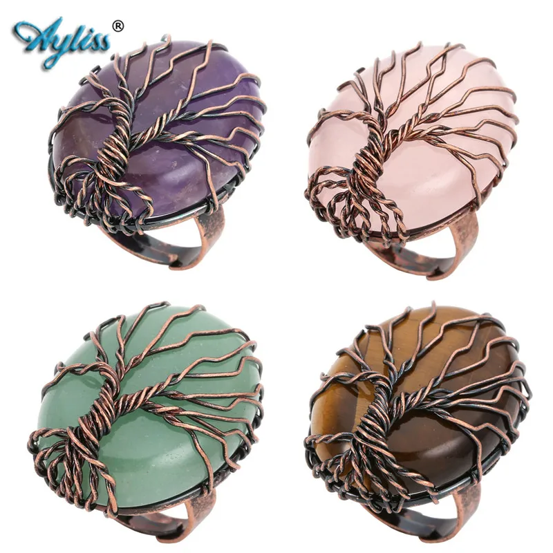 

Ayliss New 1pc Vintage Tree of life Copper&Natural Stone Crystal Quartz Chakra Gem Stone Beads Adjustable Finger Ring Gift Box