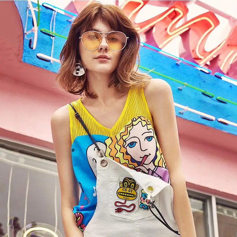 Женская майка без рукавов Летняя ажурная с принтом персонажа 2021|new summer|brand tank tops