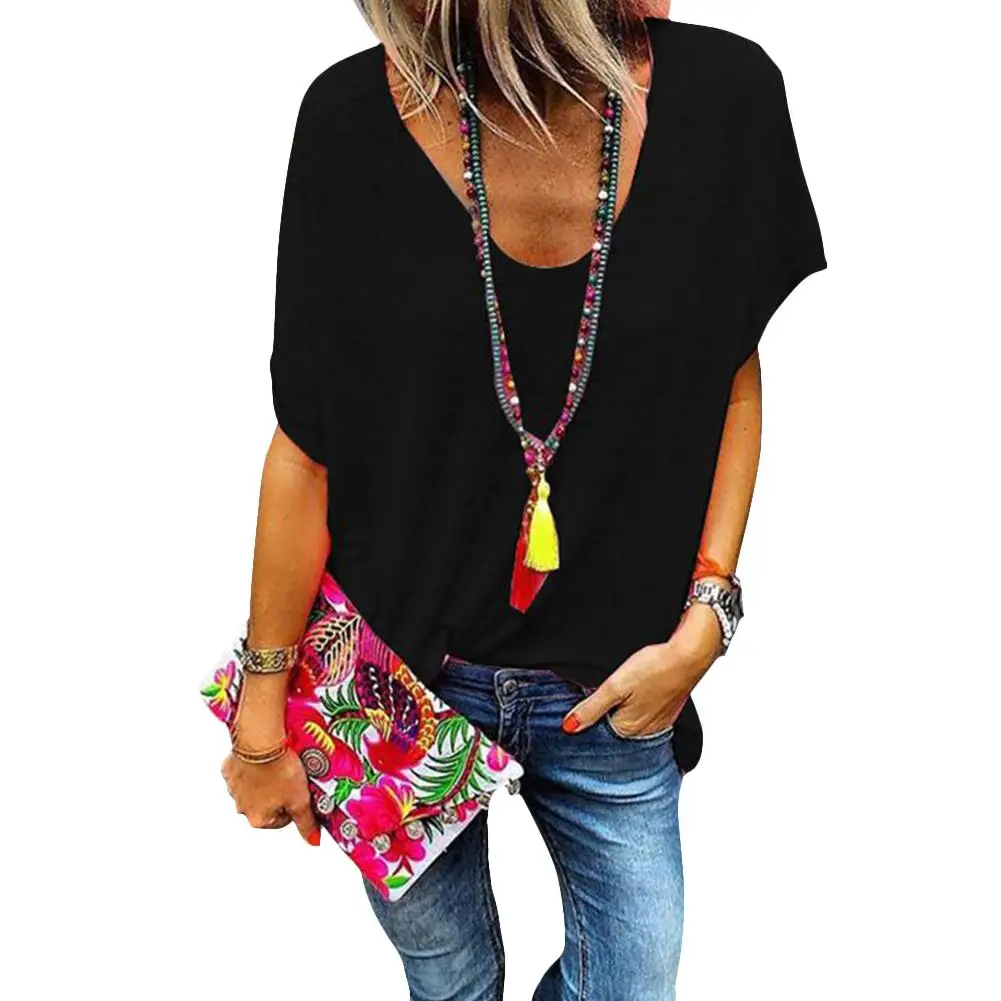 

2019 New Yfashion Women Summer Candy Color Large V-neck Short Sleeve Casual T-shirt Top Selling