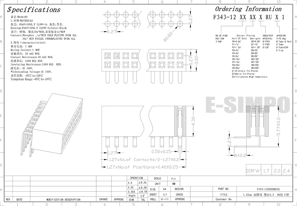 1.27mm Female header dual row right angle plastic height 4.3mm