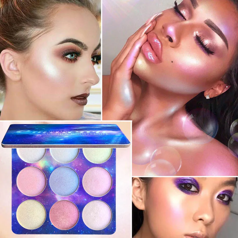 Новая мода 9 цветов хайлайтер Палитра для осветления лица макияж цветной хайлайтер тени для век Палитра бронзатор для лица светящаяся косметика