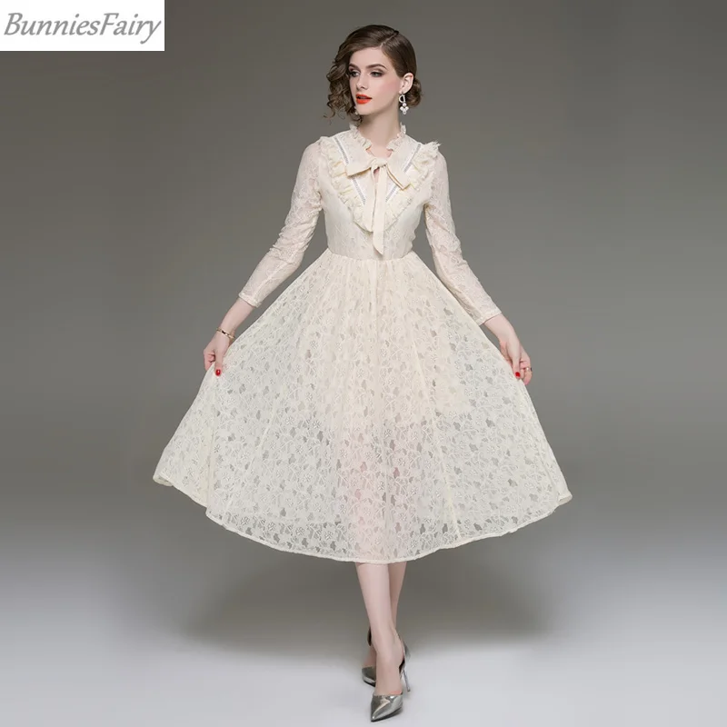 BunniesFairy 2019 весна новые женские знаменитости элегантные бежевые кружевное платье