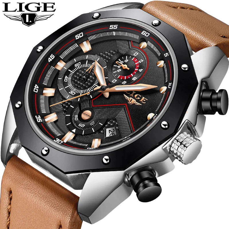 

Men Watches LIGE Top Brand Luxury Leather Large Dial Sport Quartz Watch Men casual Waterproof Business Watch Relogio Masculino