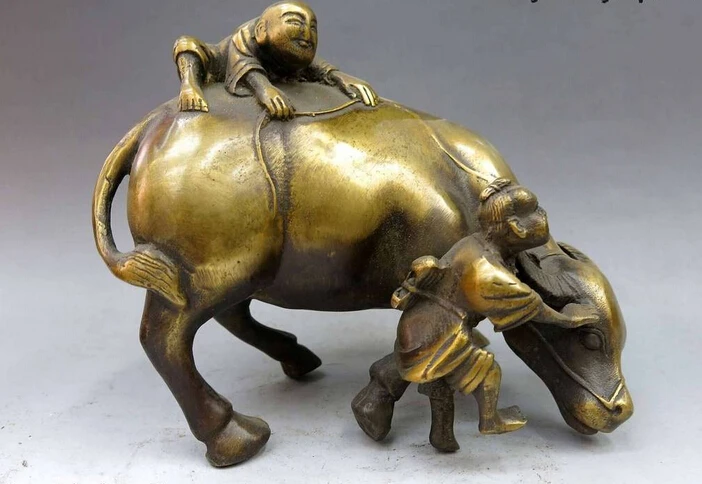 Китай бронза позолота резные красивая два мальчика играть Ox скульптура Медная