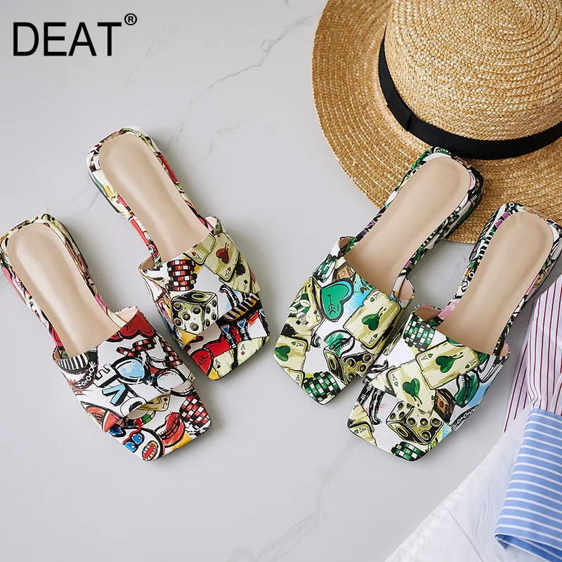 

[DEAT] 2019 New Spring Summer Square Toe Shallow Pu Leather Print Flat Outside Causal Slippers Women Shoes Fashion Tide 10D078