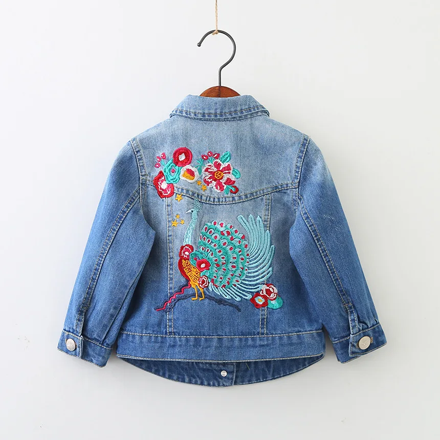 Spring 2018 Girls Denim Jacket Peacock Flower Embroidery Jacket Spring Children's Clothing 