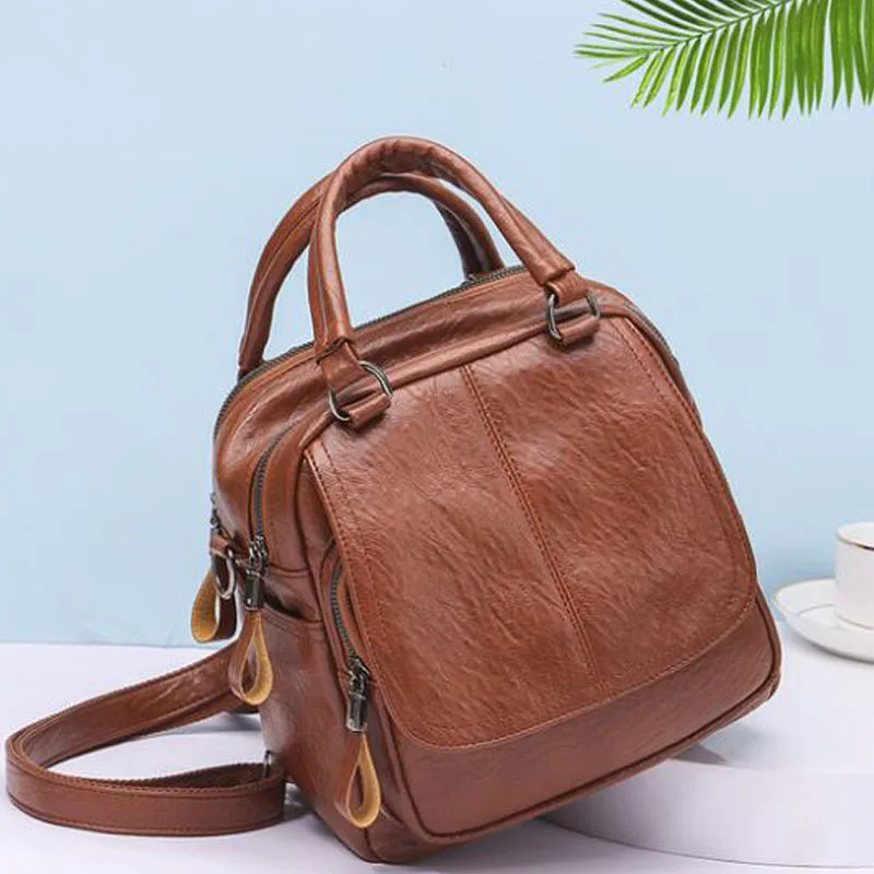 

Quality Female Backpack School Solid Bag women Male Travel Bags Leather Vintage Multifunction anti-theft Shoulder bag B42-89
