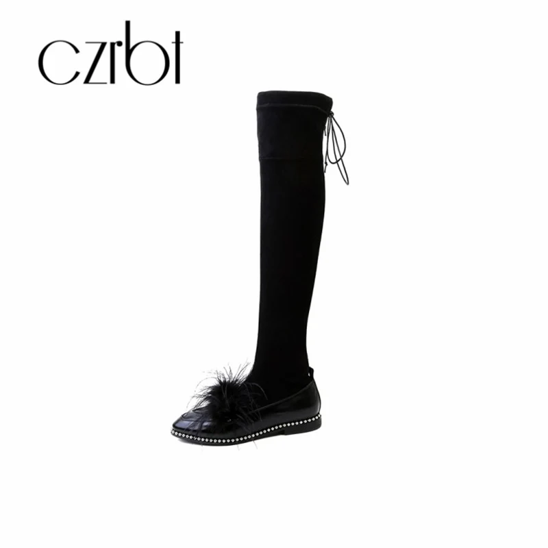 czrbt Full Leather Round Head Flat - heeled Women's Boots High Sleeve Fashion Boots Low - heeled