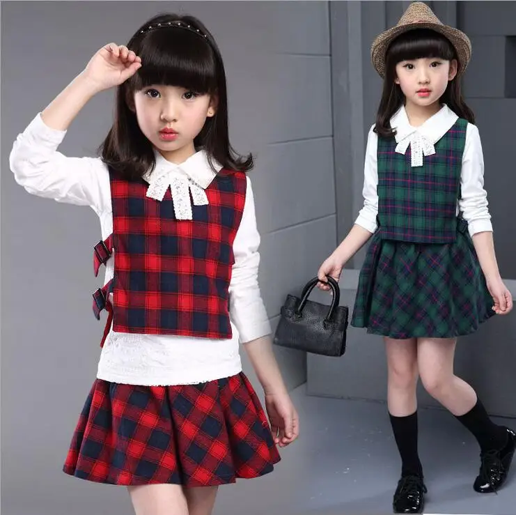 

Sweet Peter Pan Collar Clothes For Girls Full Sleeve Infantil Menina Kids Embroidery Chiffon Three-piece Plaid Girl's Skirt Suit