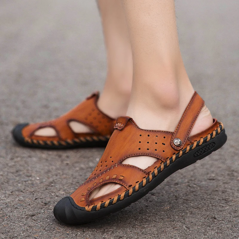 

Men's Sandals 2019 Summer Genuine Leather Handmade Mr Shoe Leather Sandals Men Flats Retro Style Father Shoes