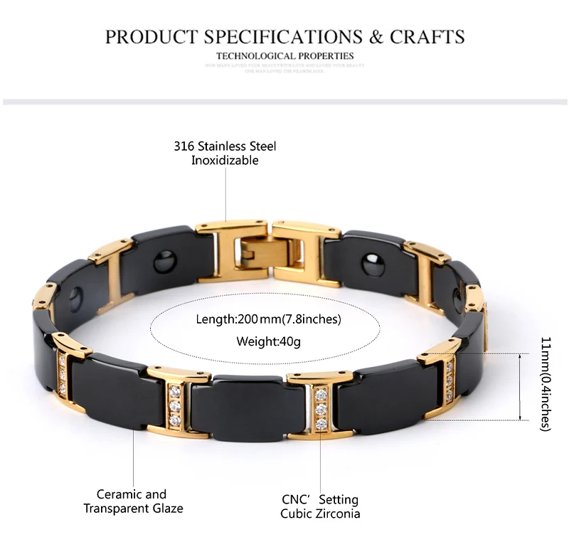 Роскошный мужской золотой браслет, здоровье, черная керамика, био магнитный германий, браслеты для мужчин, ручная цепочка, звено, кристалл, нержавеющая бижутерия