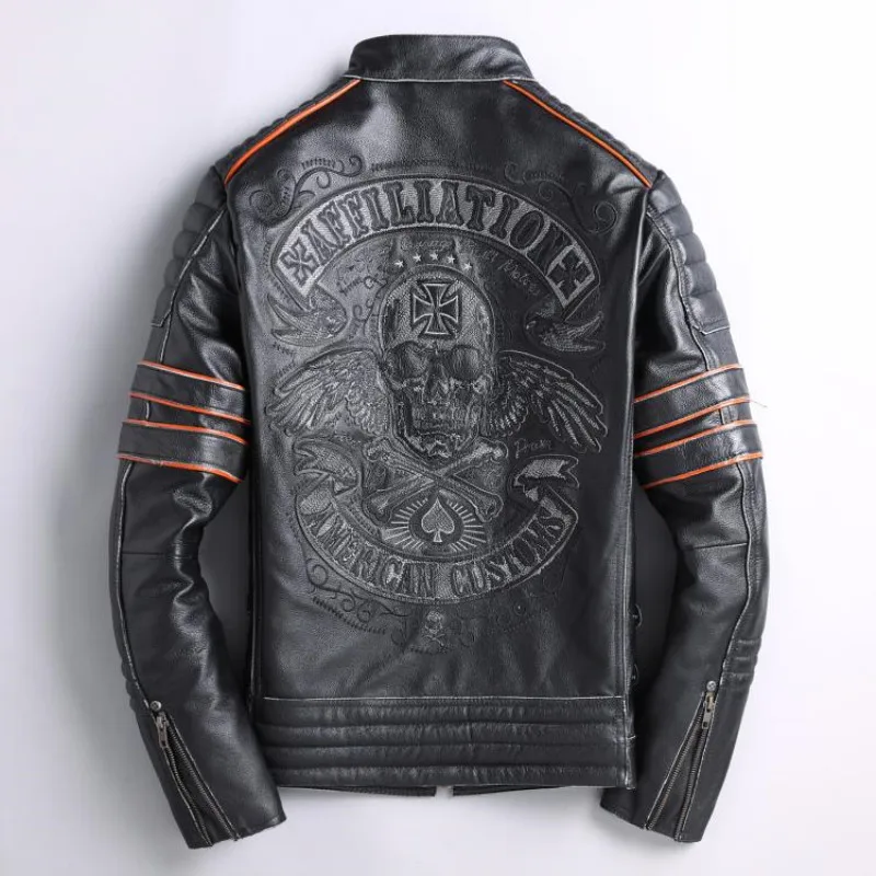 

2019 Vintage Black Men Skulls Embroidery Slim Fit Biker's Leather Jacket Plus Size 4XL Genuine Cowhide Short Coat FREE SHIPPING