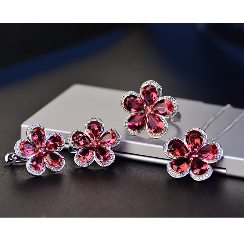 OneRain, Ретро стиль, 925 пробы, Серебряный набор, рубиновый драгоценный камень, ювелирные наборы, цветок, ожерелье/серьги/кольцо, вечерние, для коктейля - Цвет камня: Jewelry Sets
