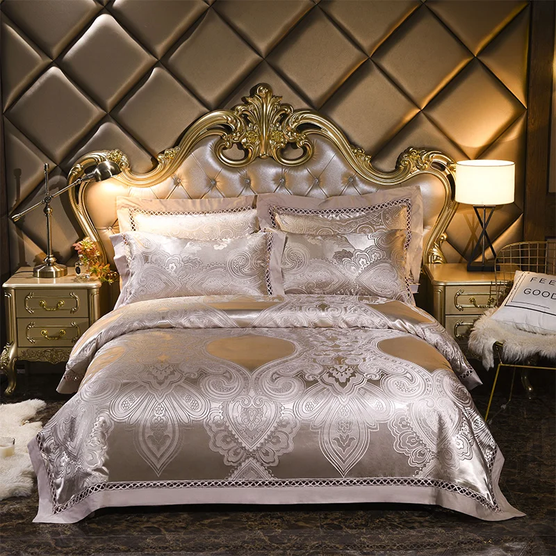 

Luxury Silver Golden Jacquard Silk Satin Bedding Set Luxury Tencel Bed Cover Noble 4pcs Duvet Cover Bed Sheet Linen Pillowcases