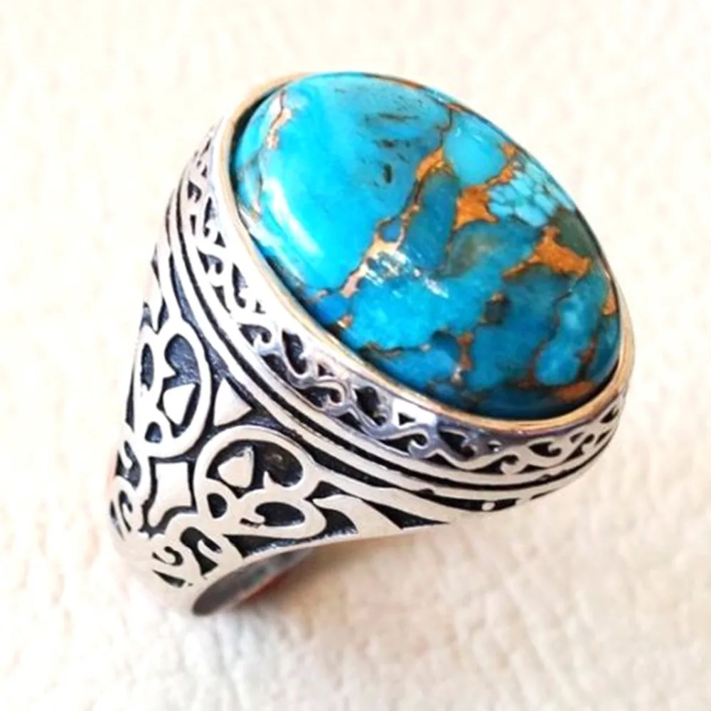 

Vintage Thai Silver Rings Bezel Setting NaturalTurquoise Stone Rings