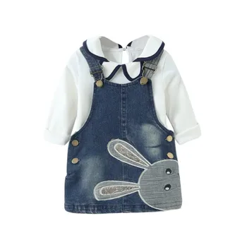 

2 PCS/SET Spring Autumn Children Clothing Sets Baby Girls T shirts+Jeans Dress Baby Girls Denim Dress Embroidered Sling HOT