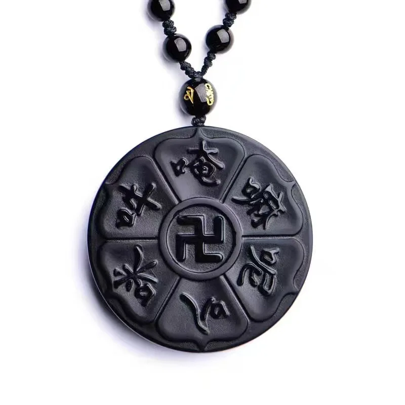 

Natural Black Obsidian Mantra Pendant Six Word Carving Feng Shui Pendant Buddha Jewelry For Men And Women