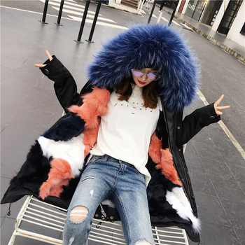 

Natural Fox Fur Lined Thickening Warm Winter Coats Outerwear Women Large Real Raccoon Dog Fur Collar Hooded Parkas Female Jacket