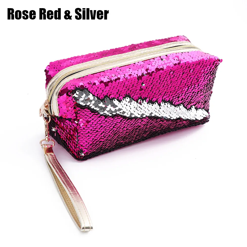 1 шт., двусторонний блестящий чехол-карандаш с блестками и русалочкой, косметичка, сумки с пайетками, сумки, канцелярские принадлежности - Цвет: Rose Red and Silver