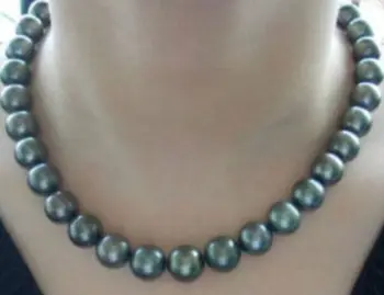 

18"9-10MM NATURAL TAHITIAN BLACK GREEN ROUND PEARL NECKLACE 925 silver