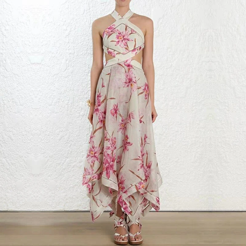 

High Quality Sexy Hanging Neck Corsage Floral Cutout Scarf Maxi Dress Women's Bohemian Strap Backless Holiday Beach Party Dress