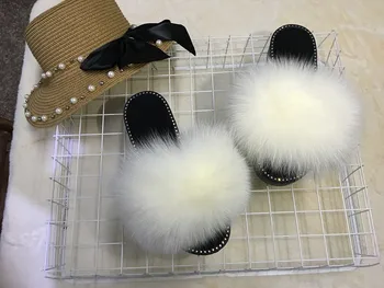 

2020 hot Sale Rhinestone Women Fur Slippers Luxury Real Fox Fur Beach Sandal Shoes Fluffy Comfy Furry Flip Flops