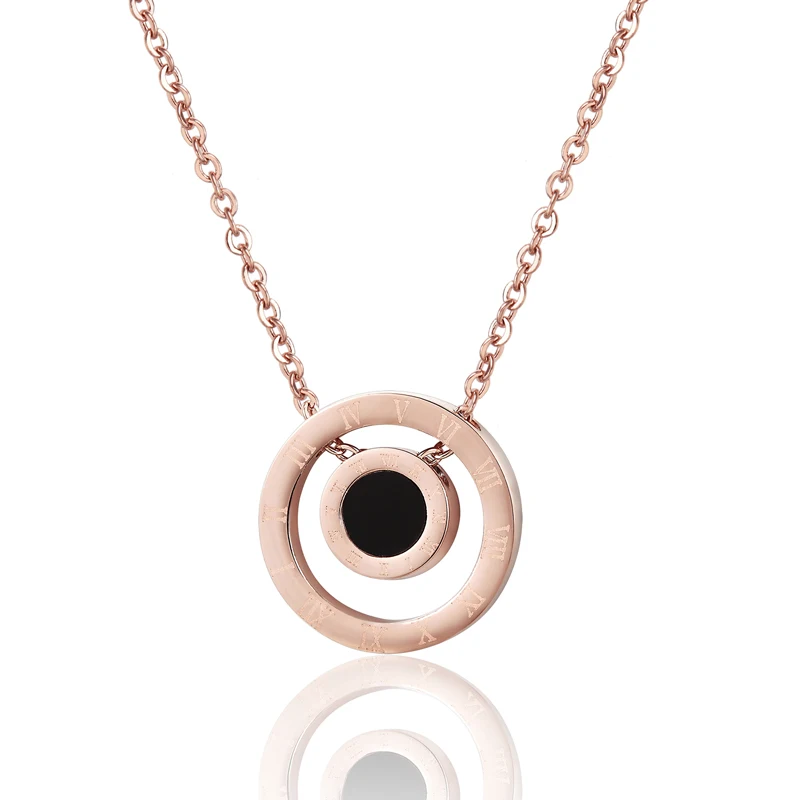 

Size Circle Black Enamel Roman Numeral Pendant Necklace 316L Stainless Steel Rose Gold Color Woman Jewelry Collar Love Gift
