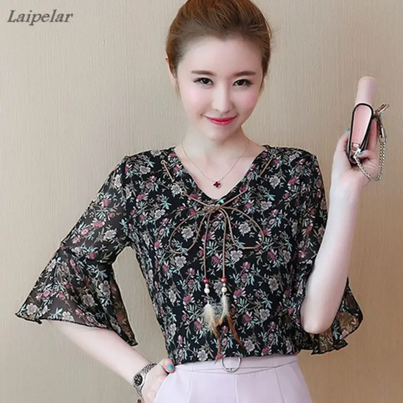 

Summer Top New Fashion Ladies Casual Slim Bow Shirt Flare Short Sleeve Flower Printed Blouse Women Chiffon Blouses 2018 Shirts